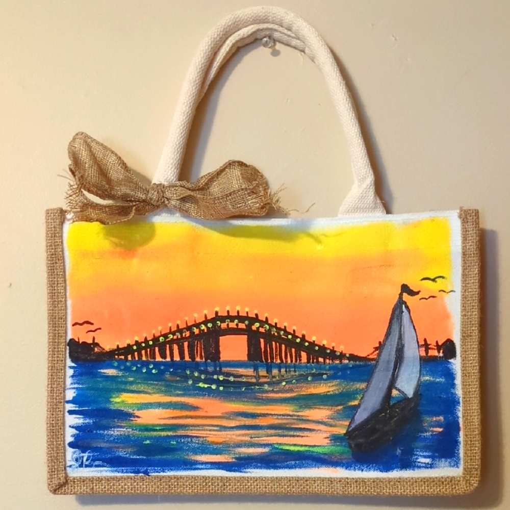 Hand-Painted Canvas Tote with Jersey Shore  Sunset Scene